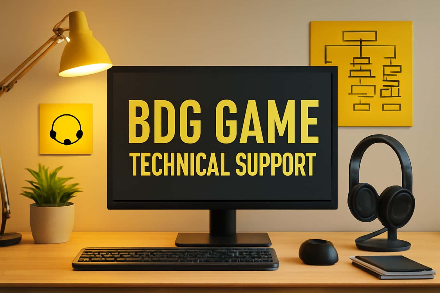 An informative scene illustrating BDG Game Technical Support with the relevant text displayed.